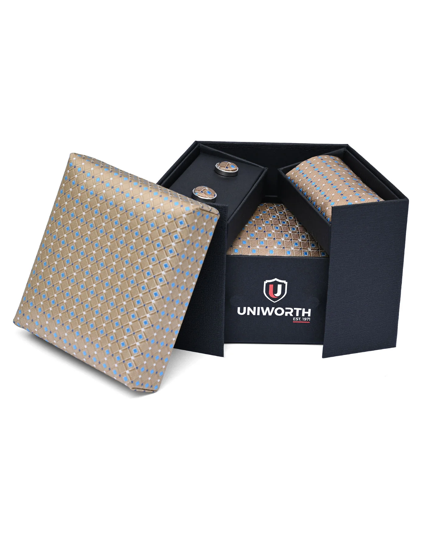 Beige Geometric Cufflink Tie Set - Image 2