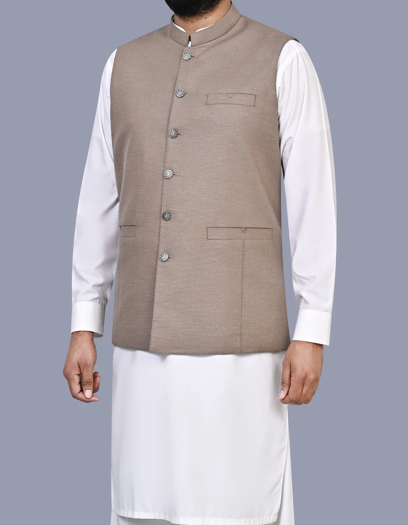 Beige Texture Smart Fit Waistcoat - Image 3