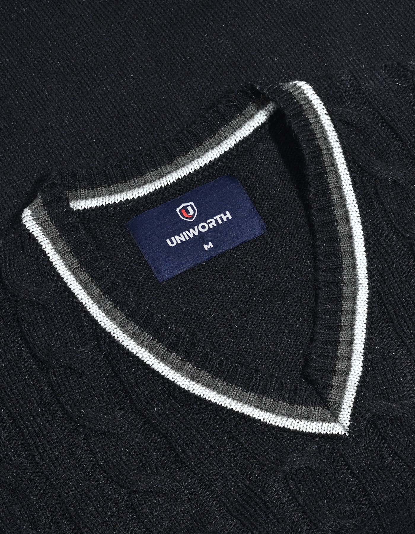 Black Cable Knit V-Neck Sweater - Image 2