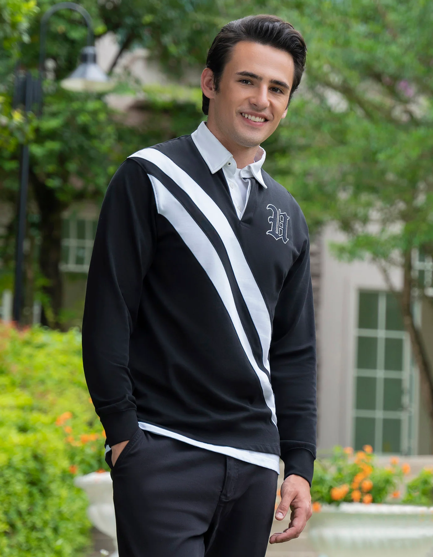 Black Embroidered Cotton Rugby Polo