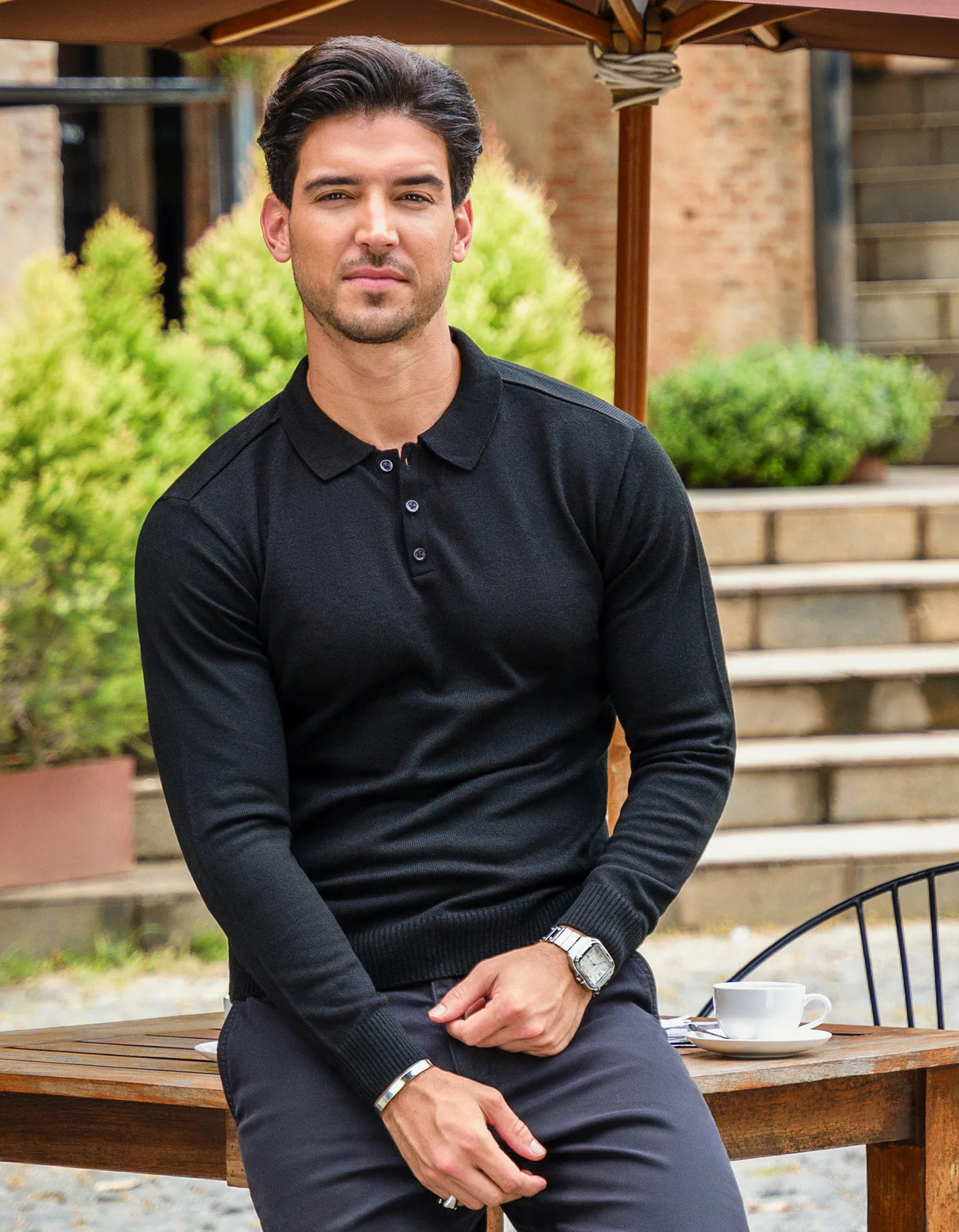Black Plain Polo Collar Sweater