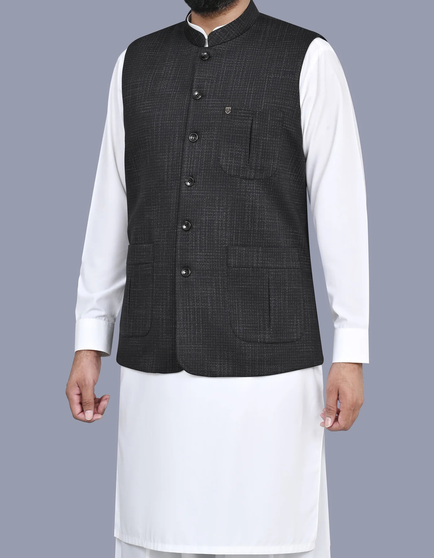Black Printed Smart Fit Waistcoat - Image 3