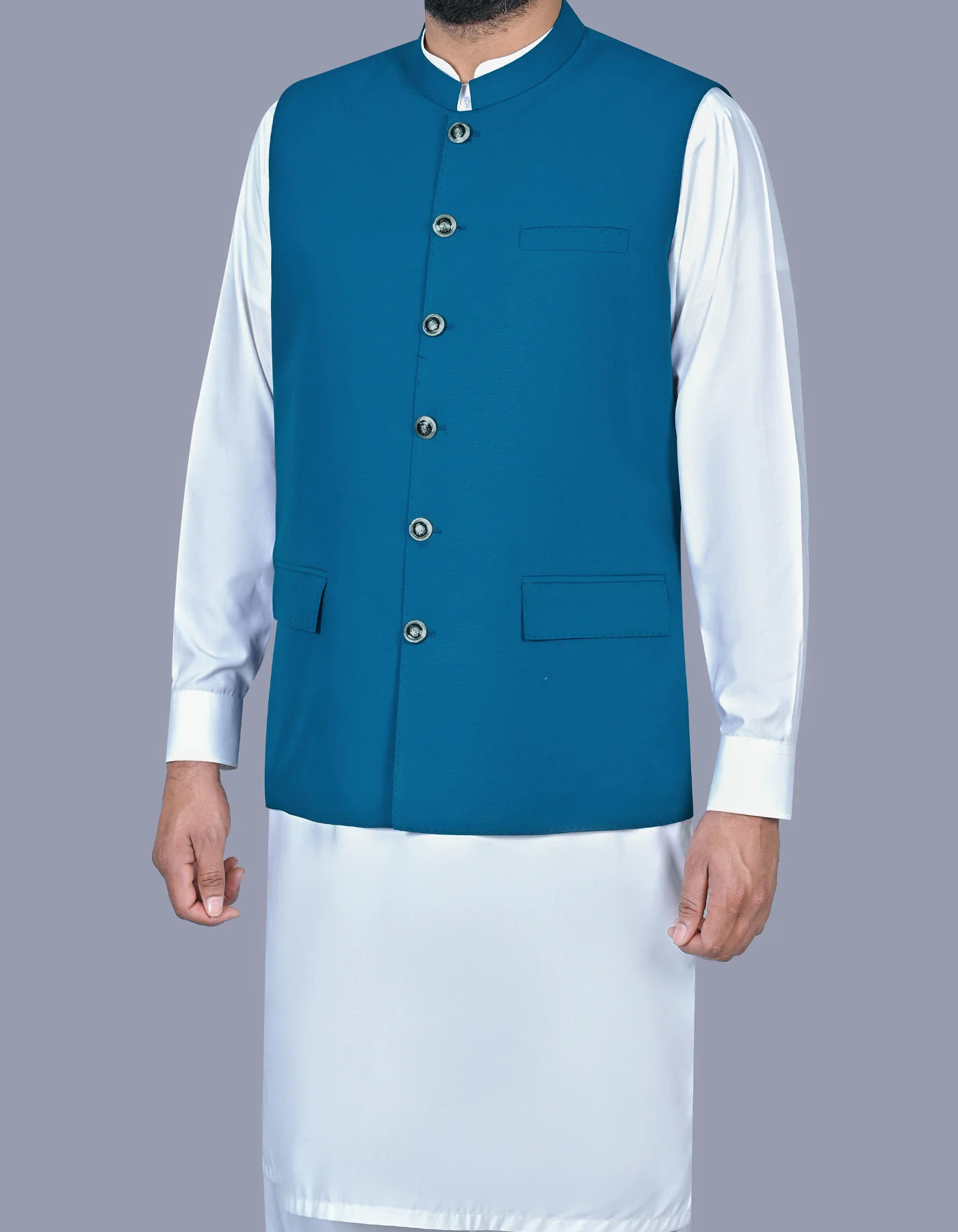 Blue Texture Classic Fit Waistcoat - Image 3