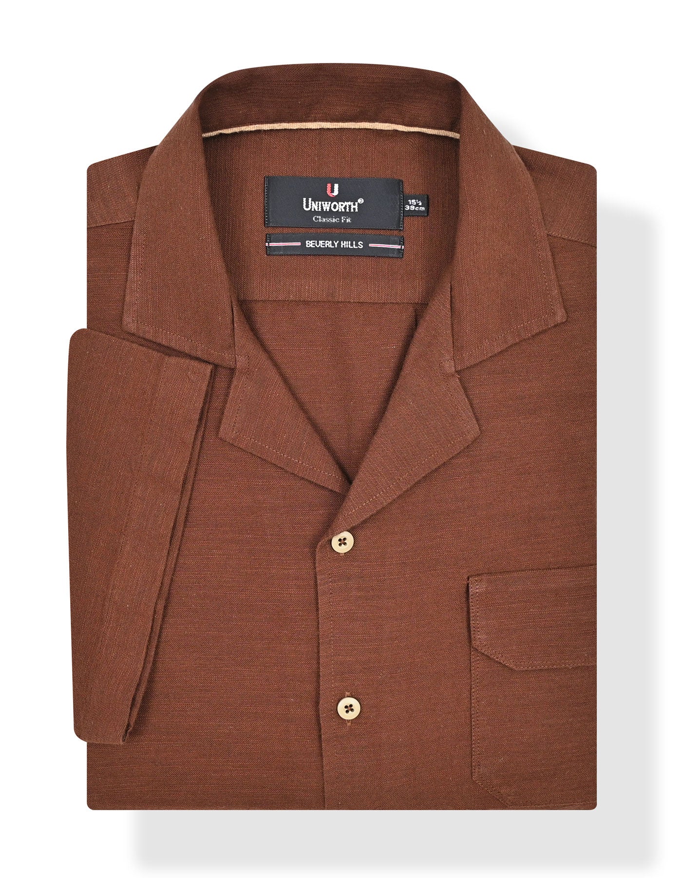 Brown Plain Classic Fit Cuban Collar Shirt - Image 2