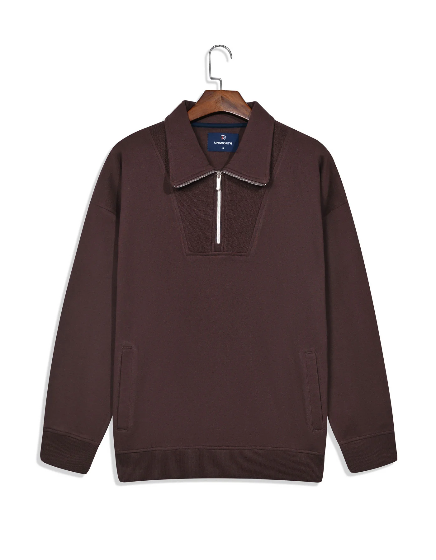Brown Plain Relax Fit Half Zipper