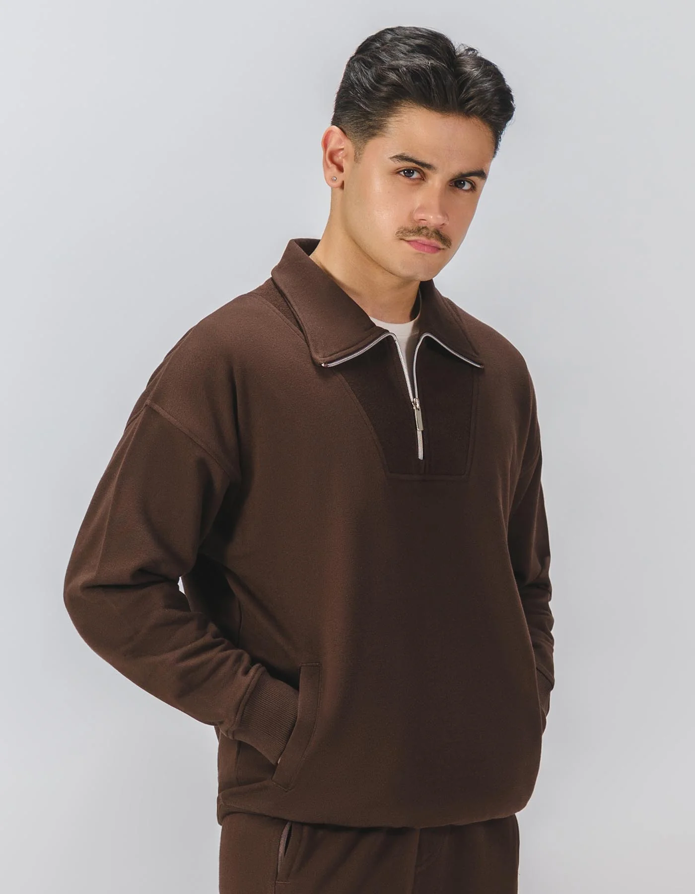 Brown Plain Relax Fit Half Zipper - Image 2
