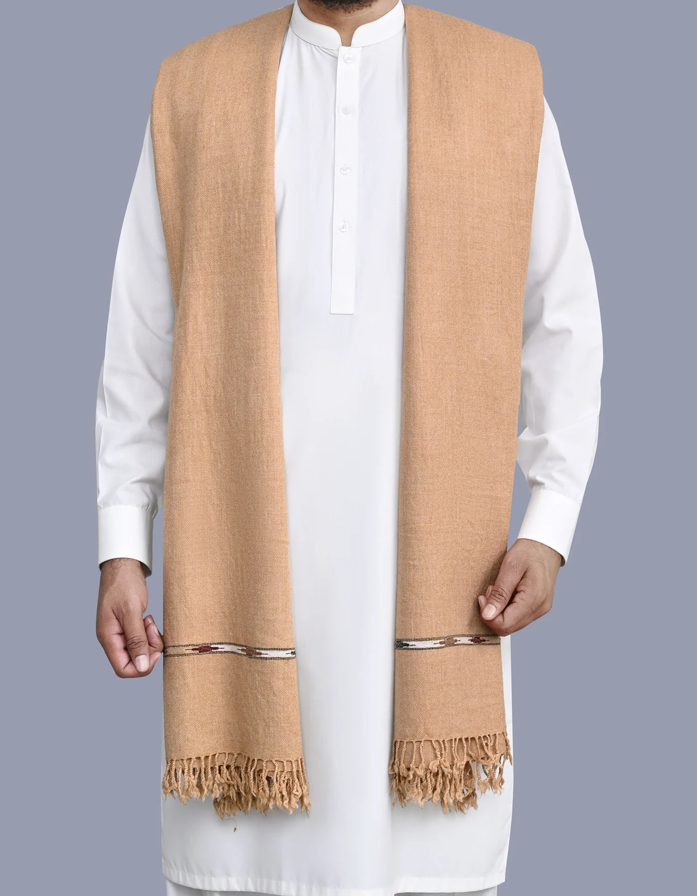D Beige Plain Wool Blend Men Shawl - Image 2