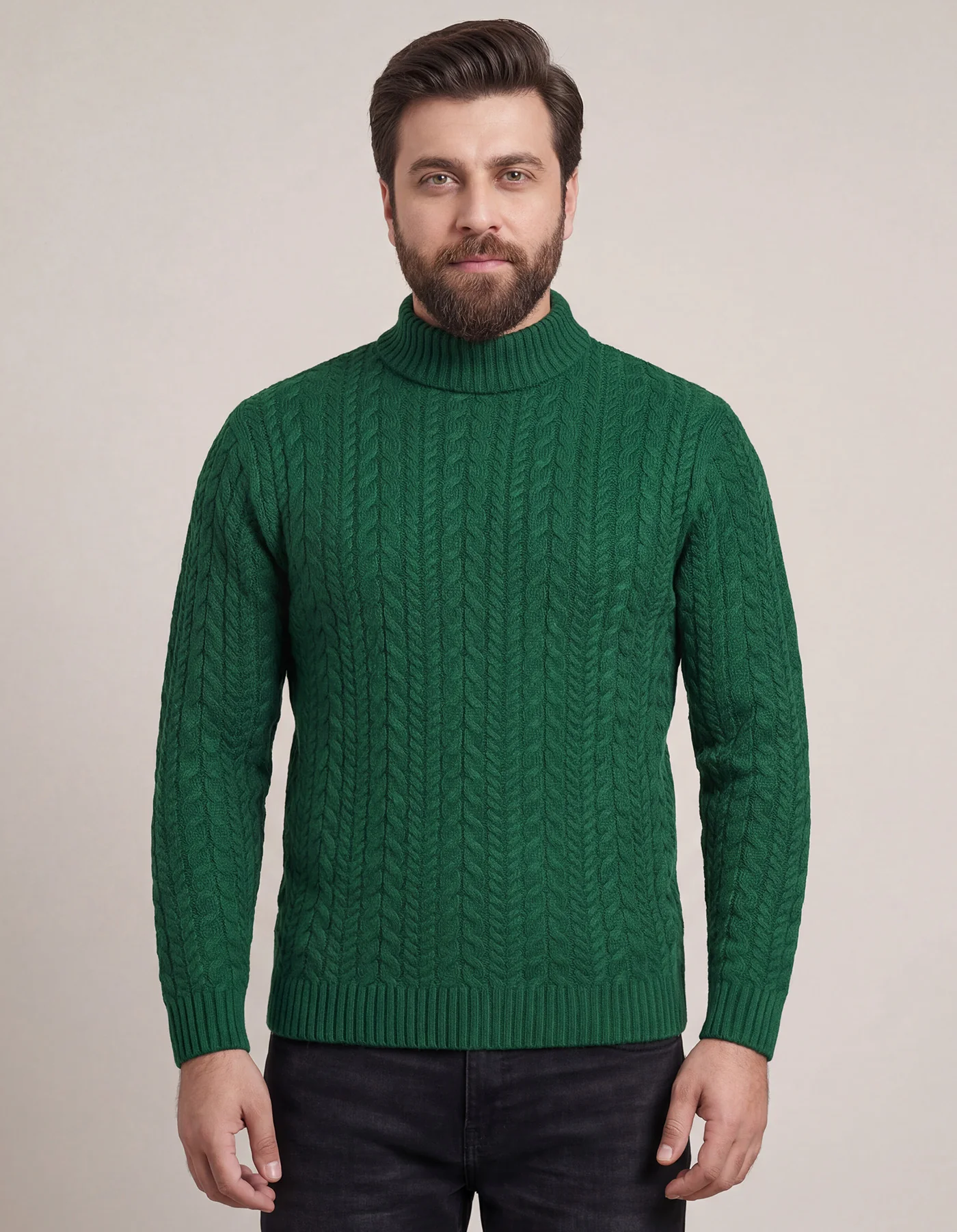 D Green Cable Knit High Neck Sweater