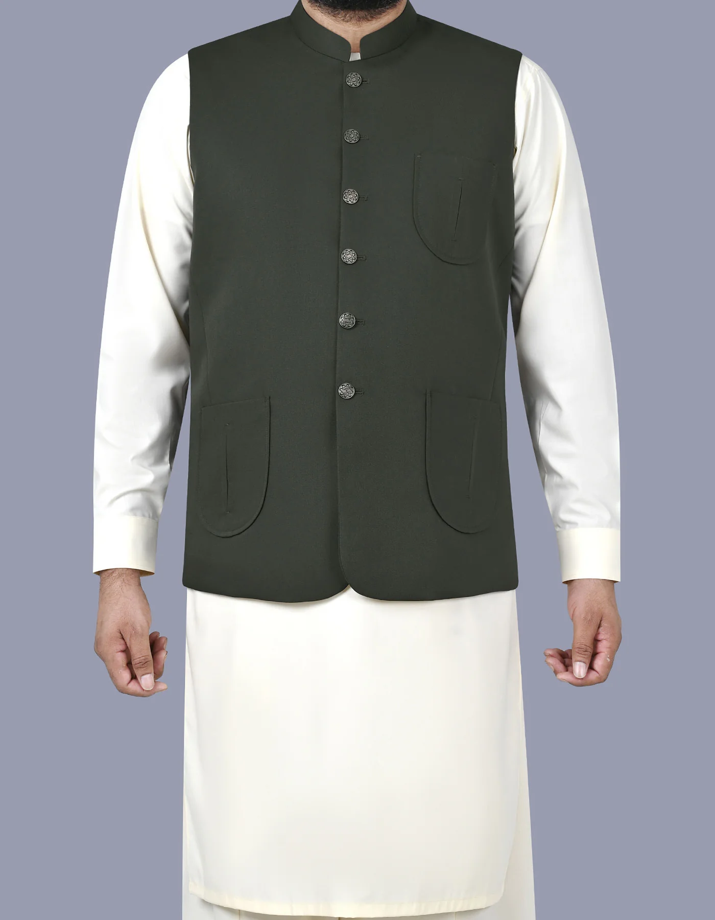 D Olive Plain Classic Fit Waistcoat