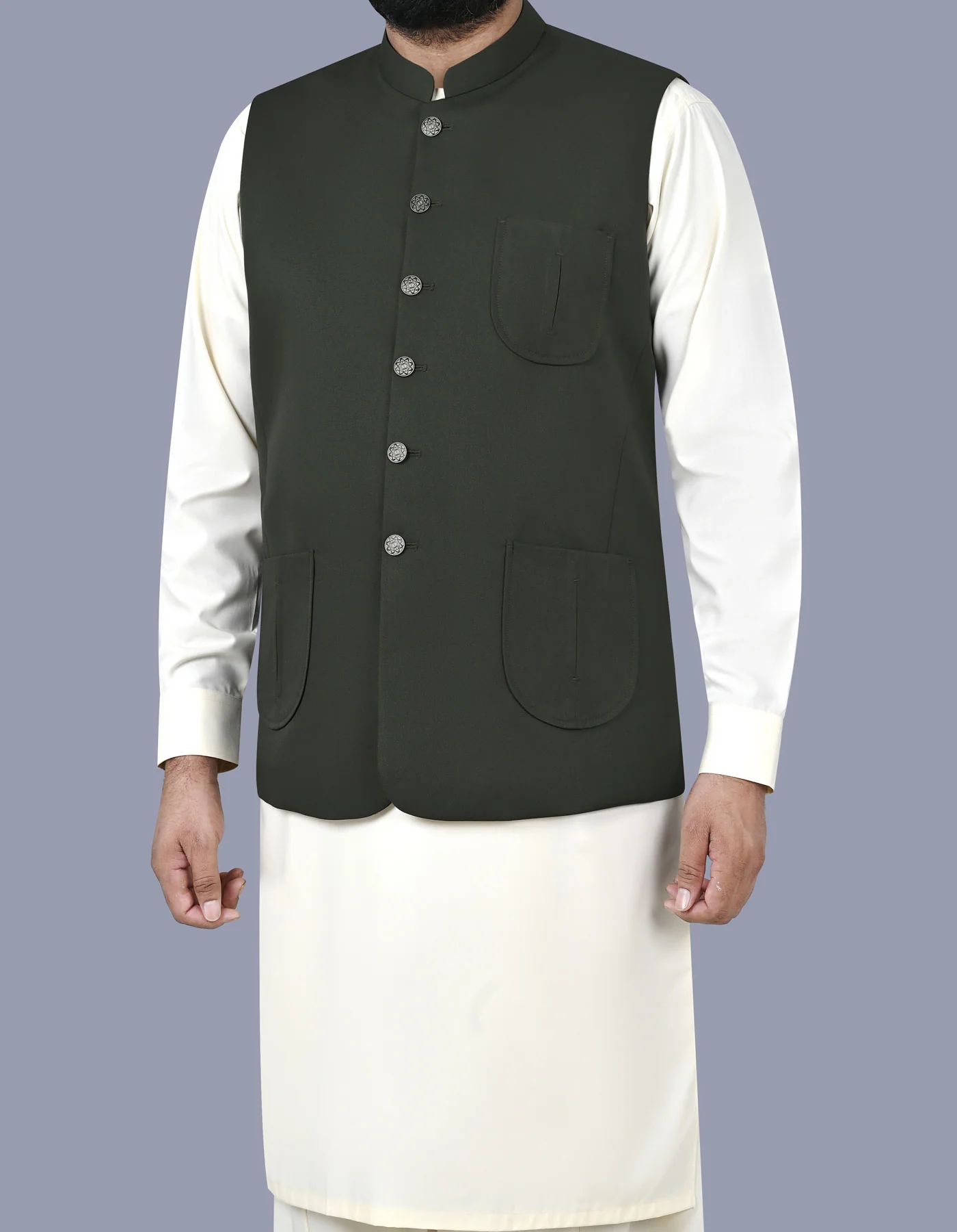 D Olive Plain Classic Fit Waistcoat - Image 3