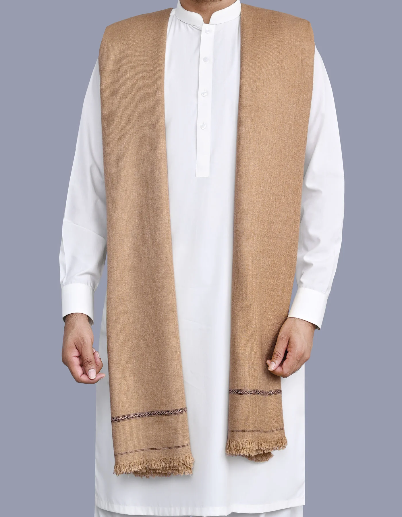 Fawn Plain Cotton Blend Men Shawl - Image 2