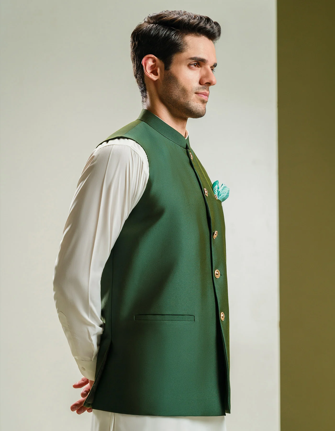 Green Plain Heritage Waist Coat - Image 3