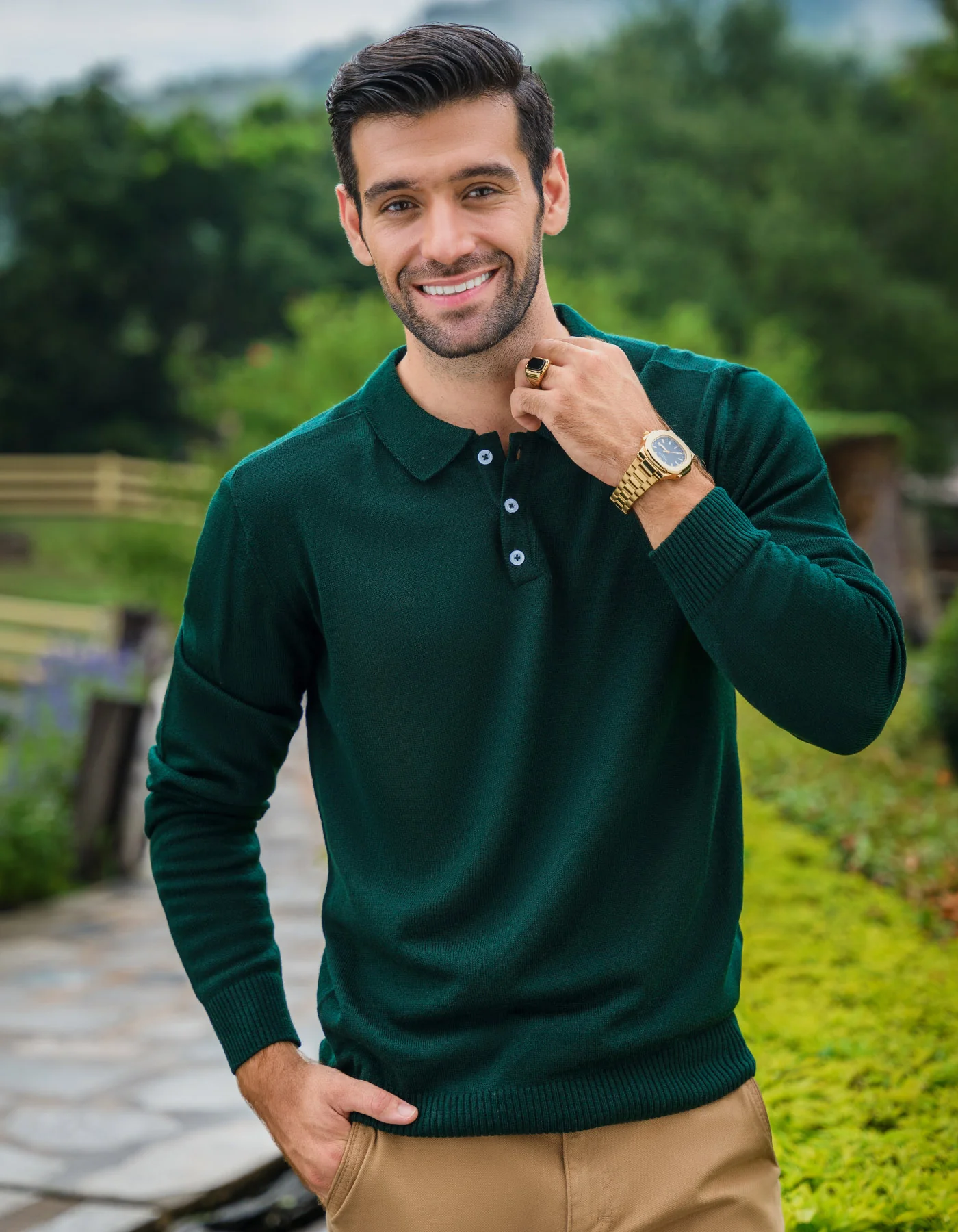 Green Plain Polo Collar Sweater