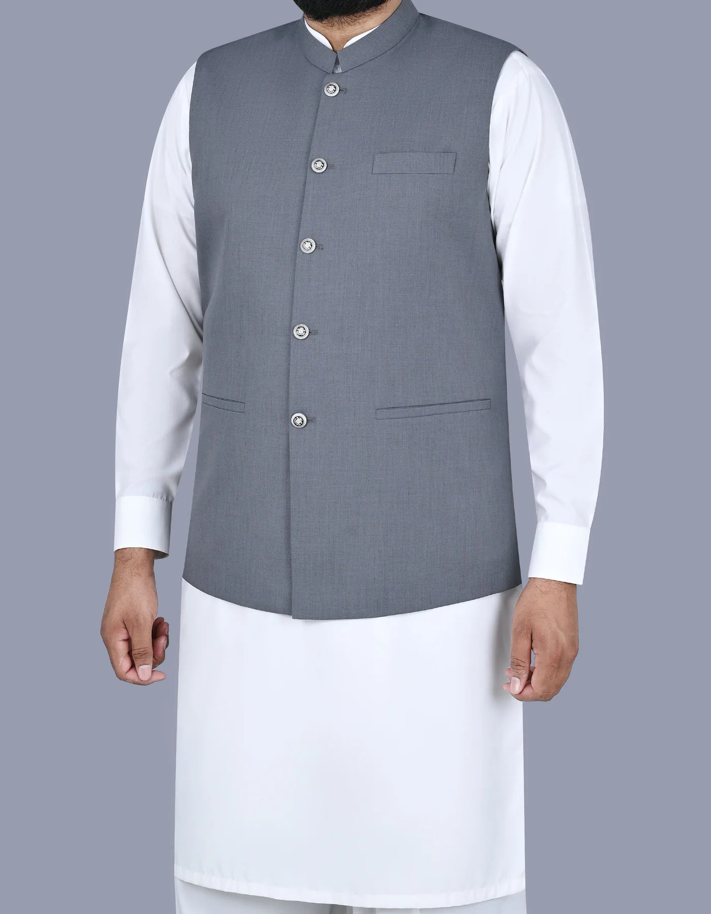 Grey Plain Classic Fit Waistcoat - Image 3