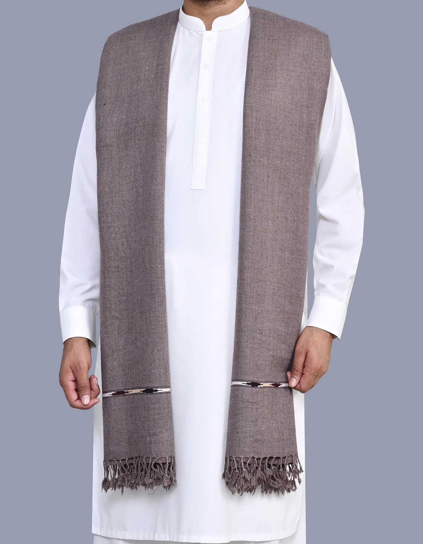 L Brown Plain Wool Blend Men Shawl - Image 2