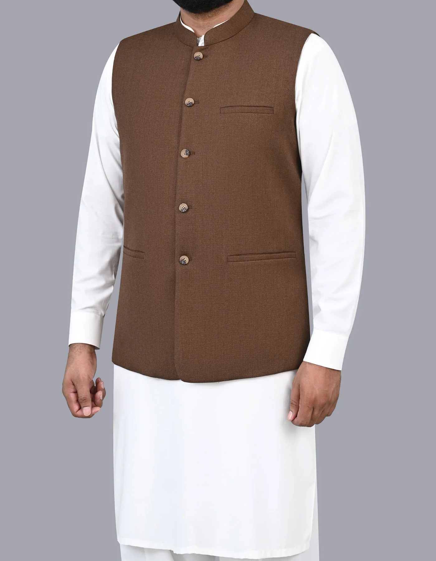 L Brown Texture Smart Fit Waistcoat - Image 4