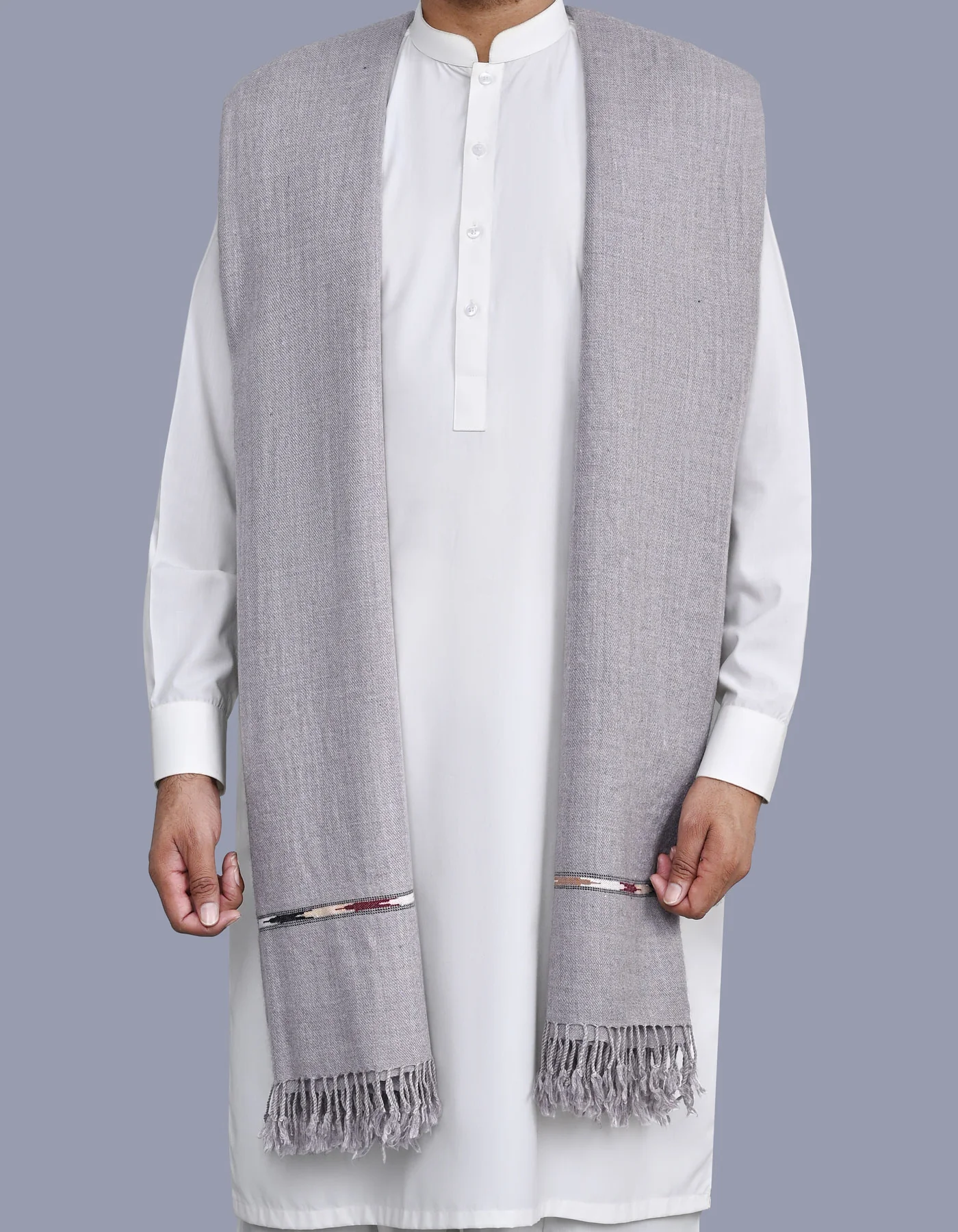 L Grey Plain Cotton Blend Men Shawl - Image 2