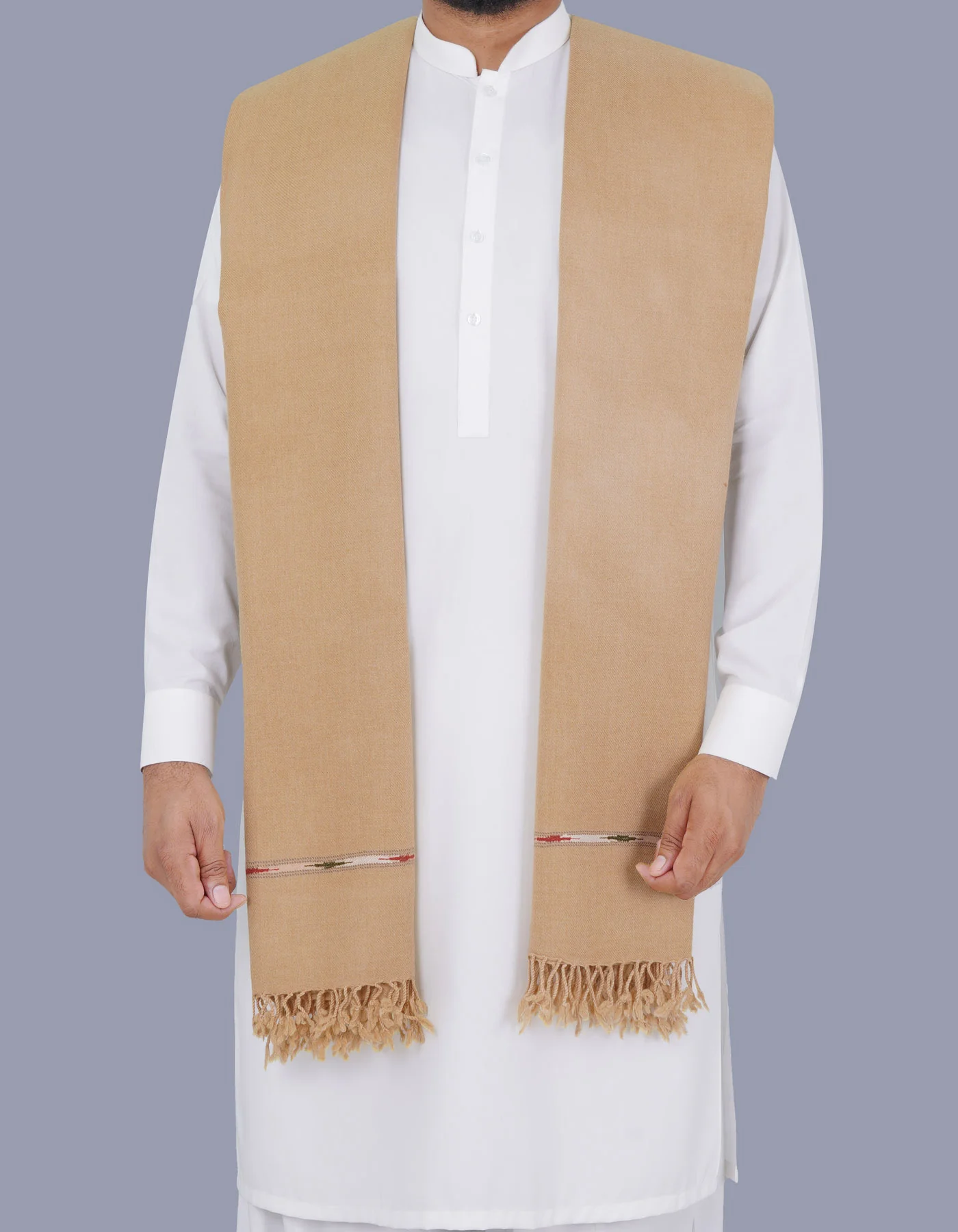L Khaki Plain 100% Wool Men Shawl - Image 3