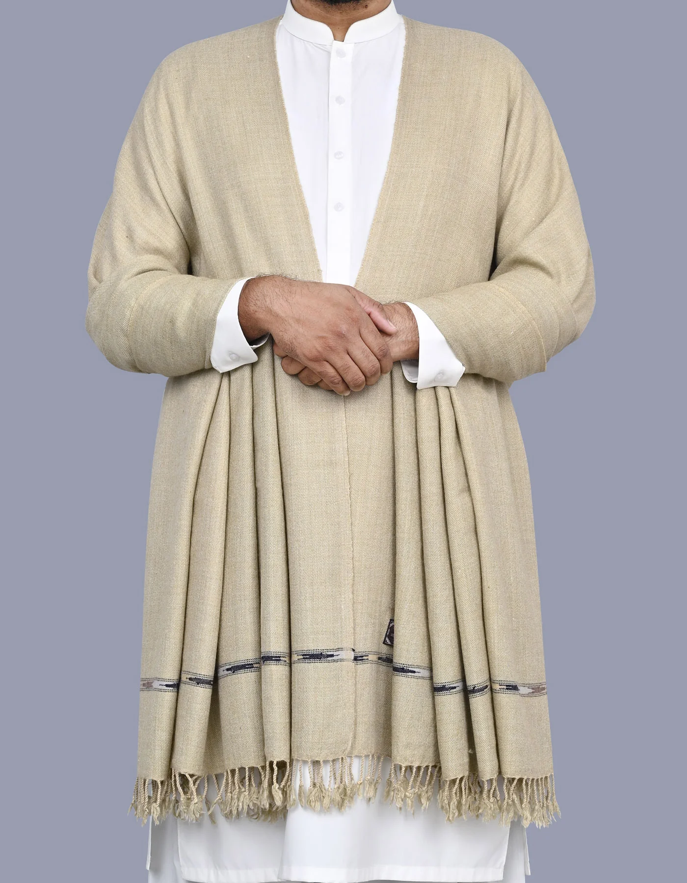 L Khaki Plain Wool Blend Men Shawl