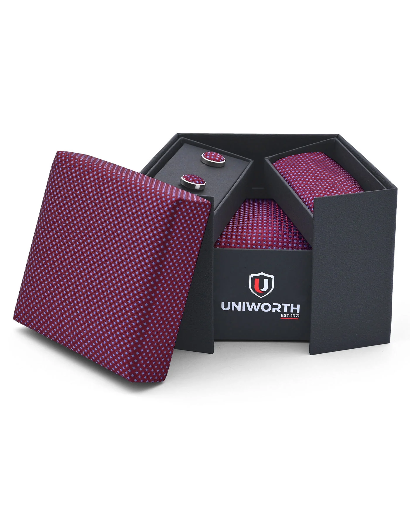 Maroon Geometric Cufflink Tie Set - Image 2