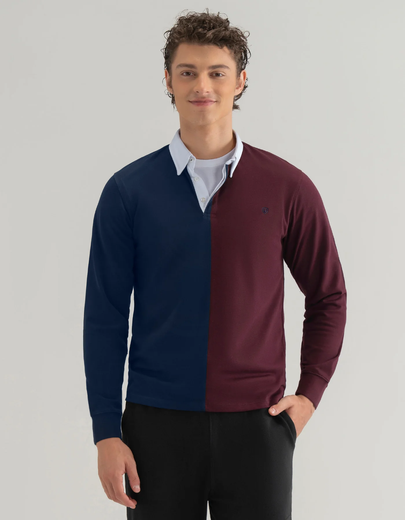 Navy Color Block Cotton Rugby Polo