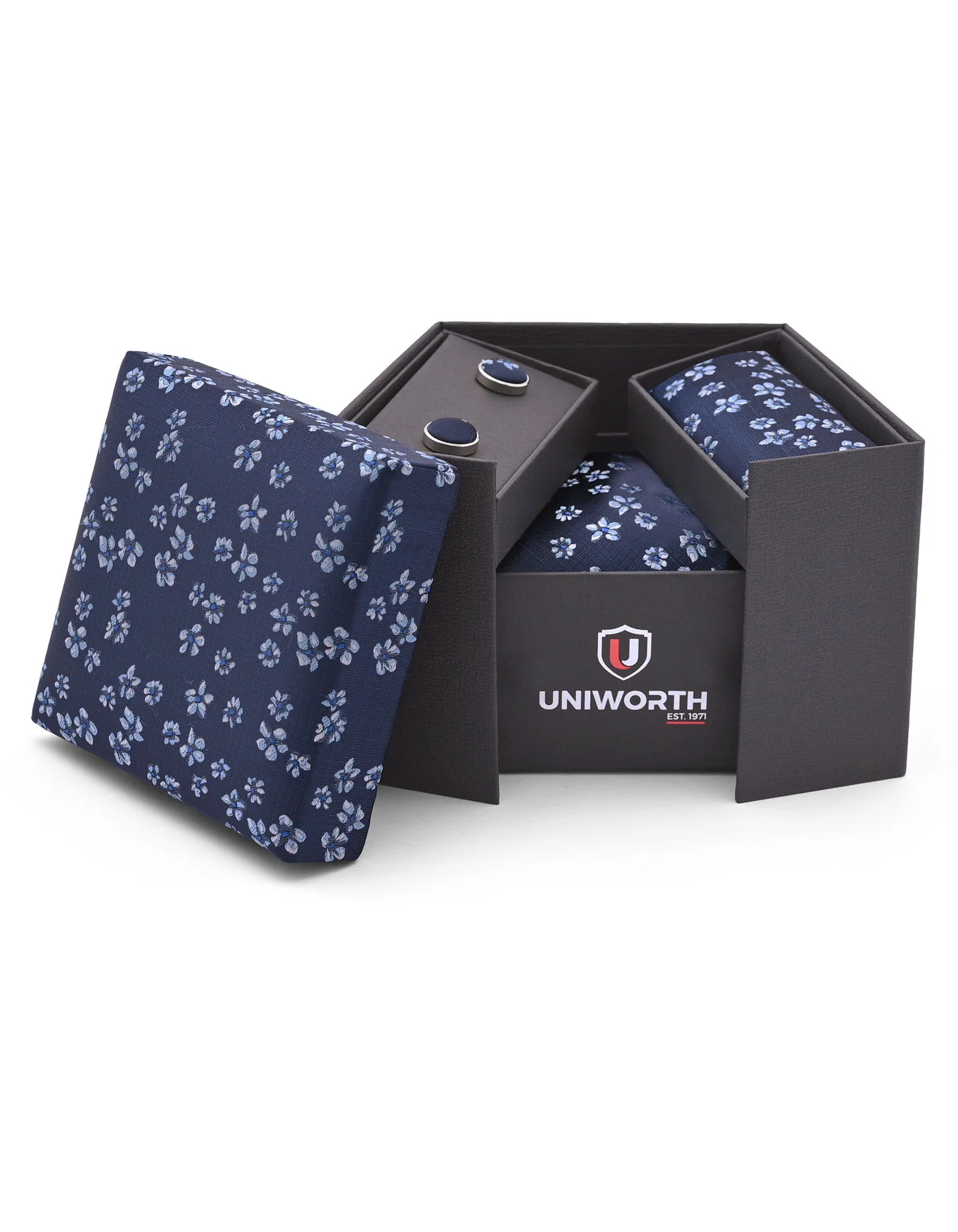 Navy Geometric Cufflink Tie Set - Image 2