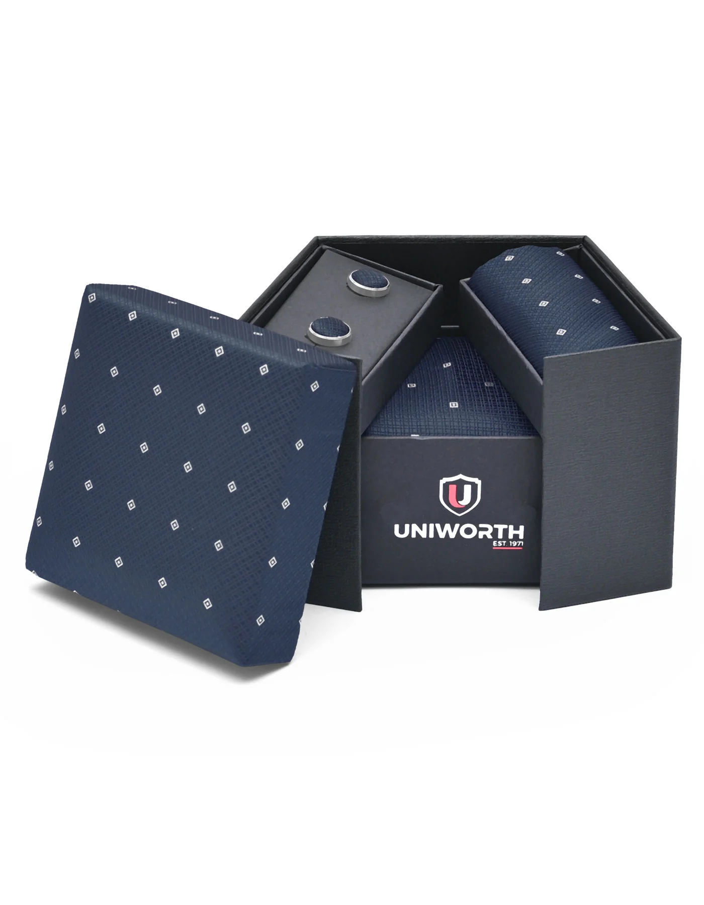 Navy Geometric Cufflink Tie Set - Image 2