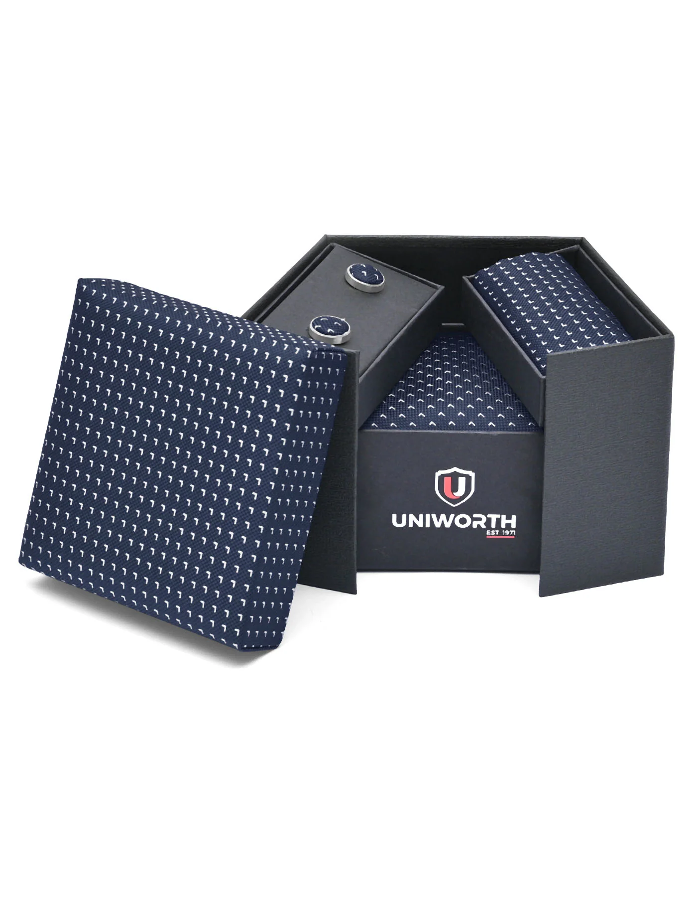 Navy Geometric Cufflink Tie Set - Image 2
