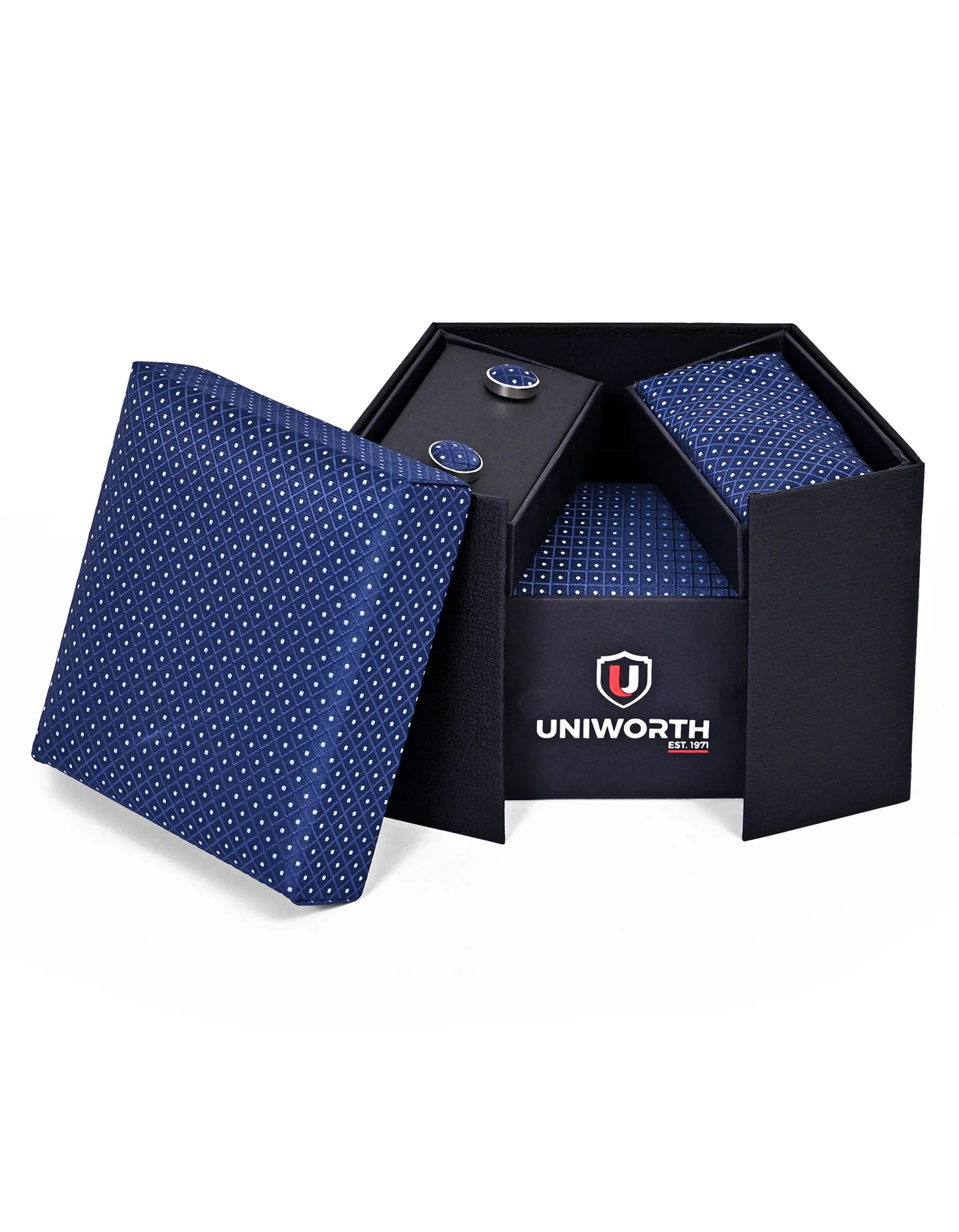 Navy Geometric Cufflink Tie Set - Image 2