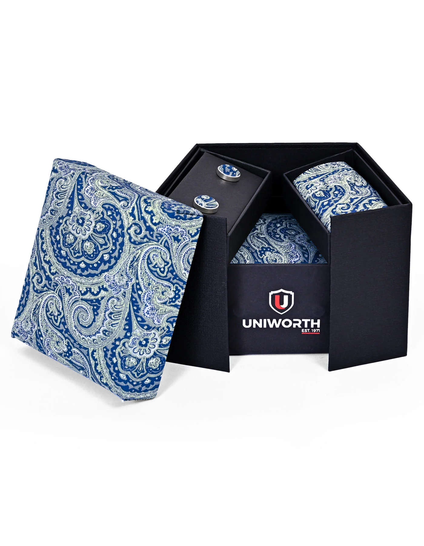 Navy Paisley Cufflink Tie Set - Image 2