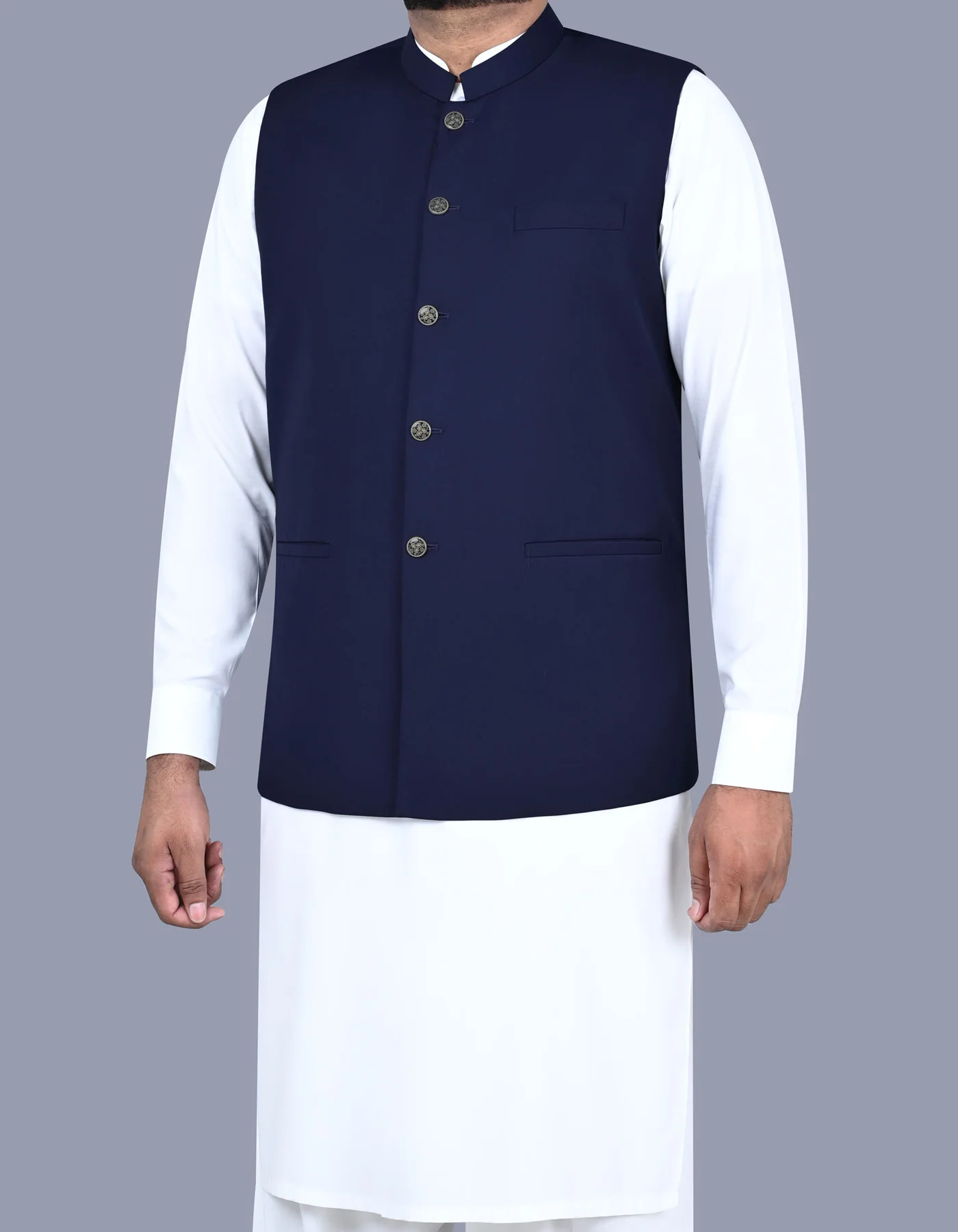 Navy Plain Classic Fit Waist Coat - Image 3