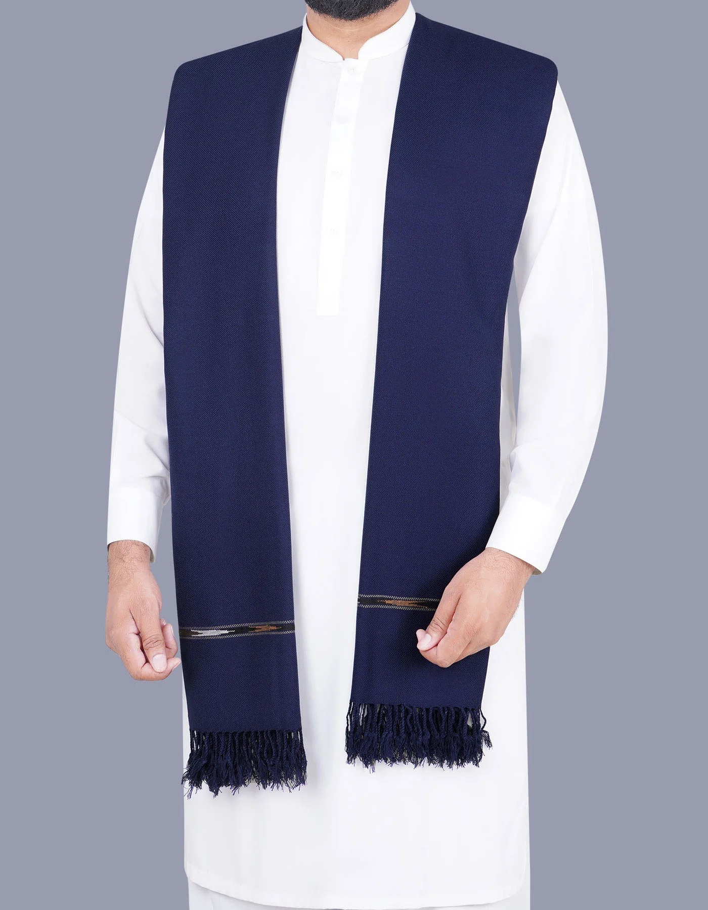 Navy Plain Wool Blend Men Shawl - Image 4