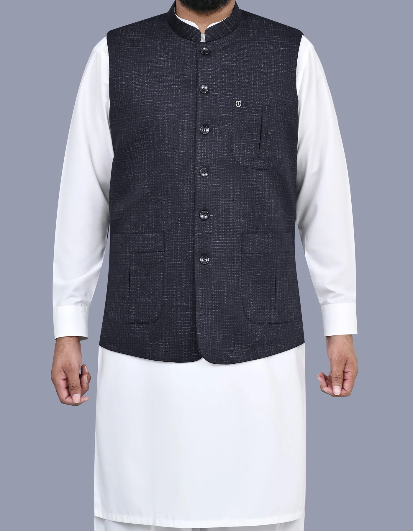 Navy Printed Classic Fit Waistcoat
