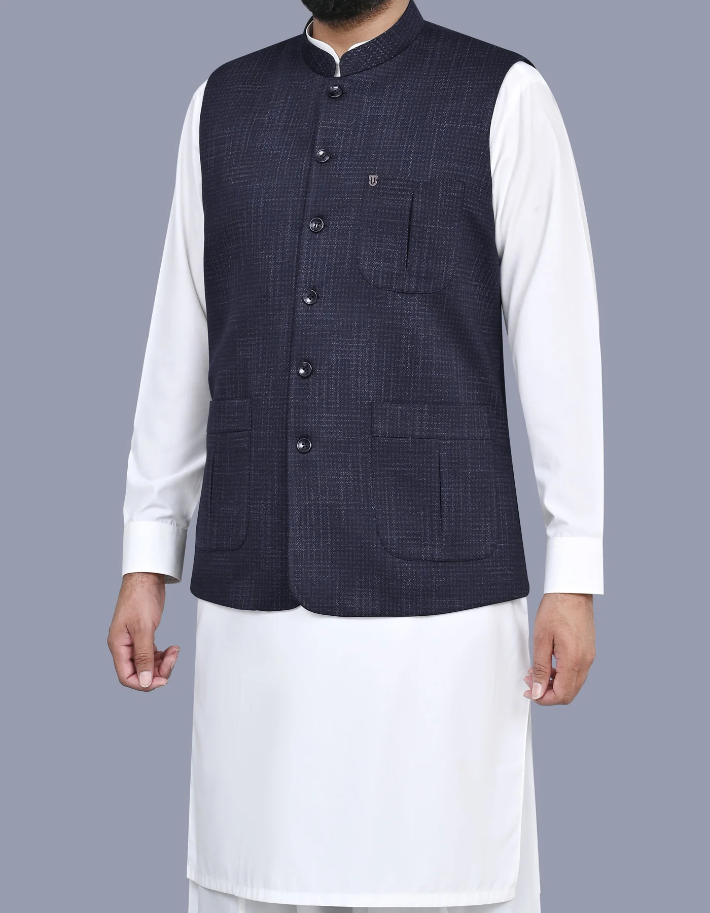 Navy Printed Classic Fit Waistcoat - Image 3