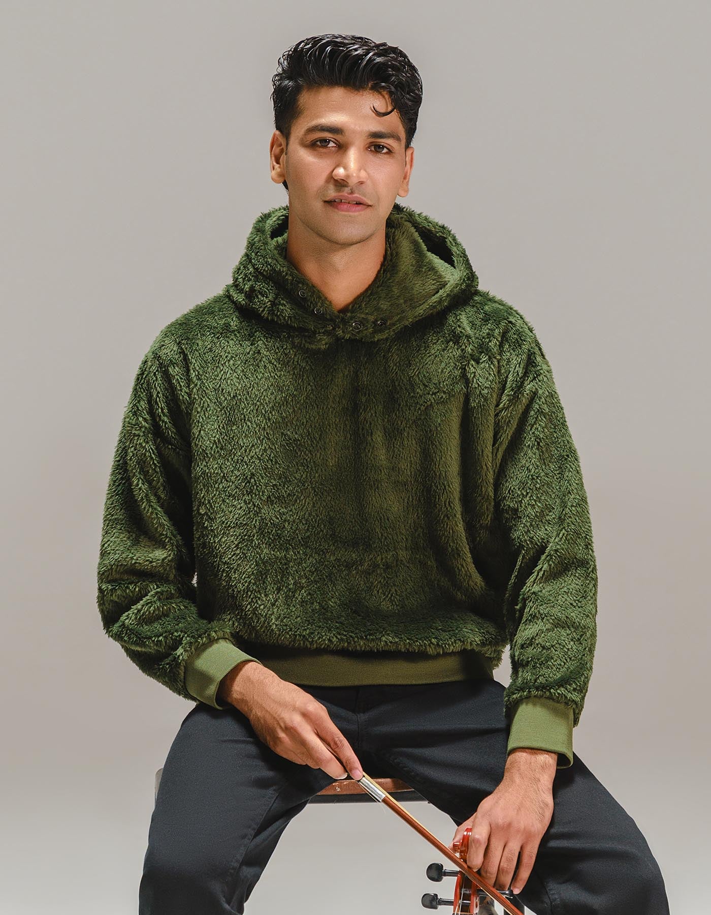 Olive Relax Fit Sherpa Pullover Hoodie - Image 2
