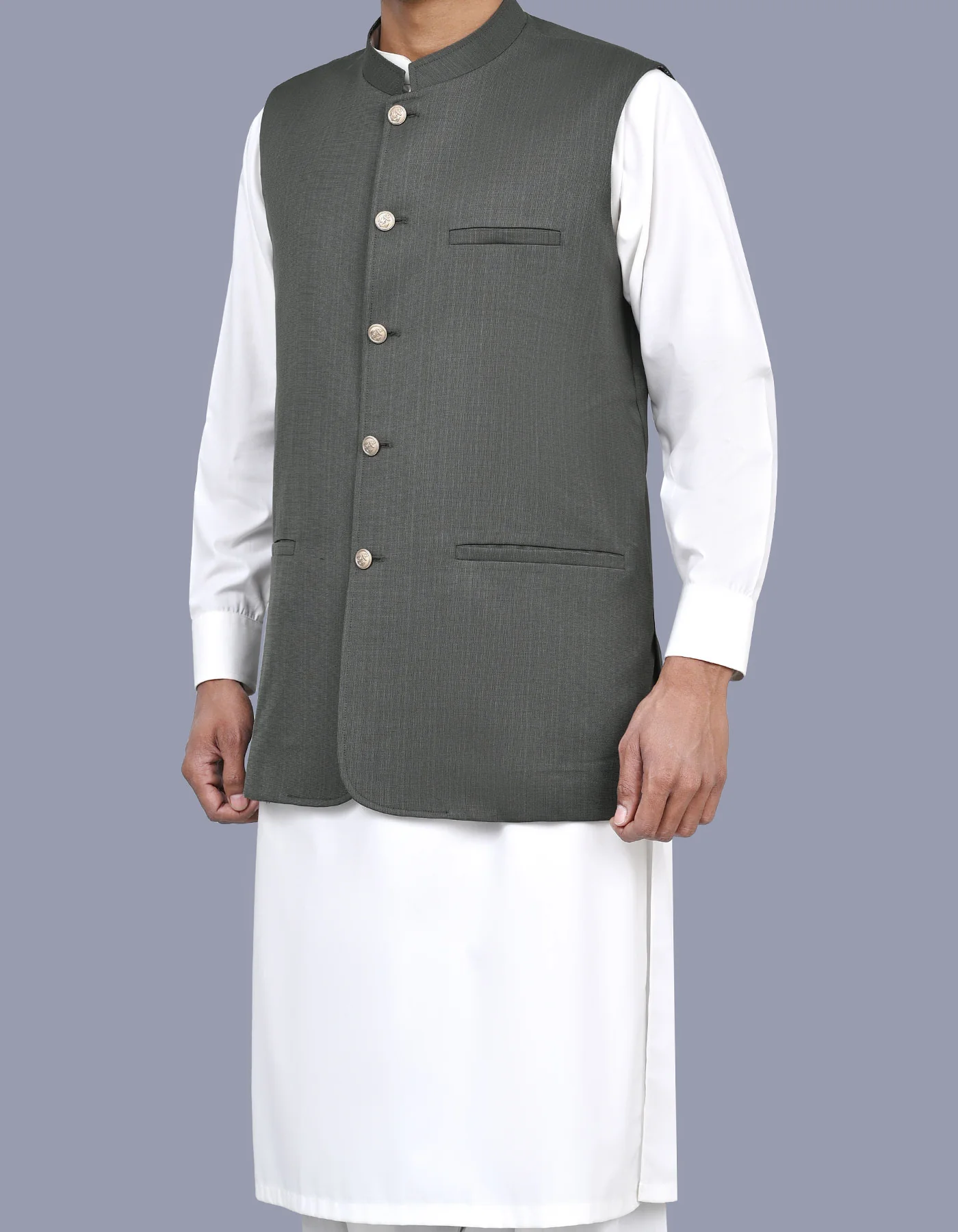 Olive Texture Classic Fit Waistcoat - Image 3