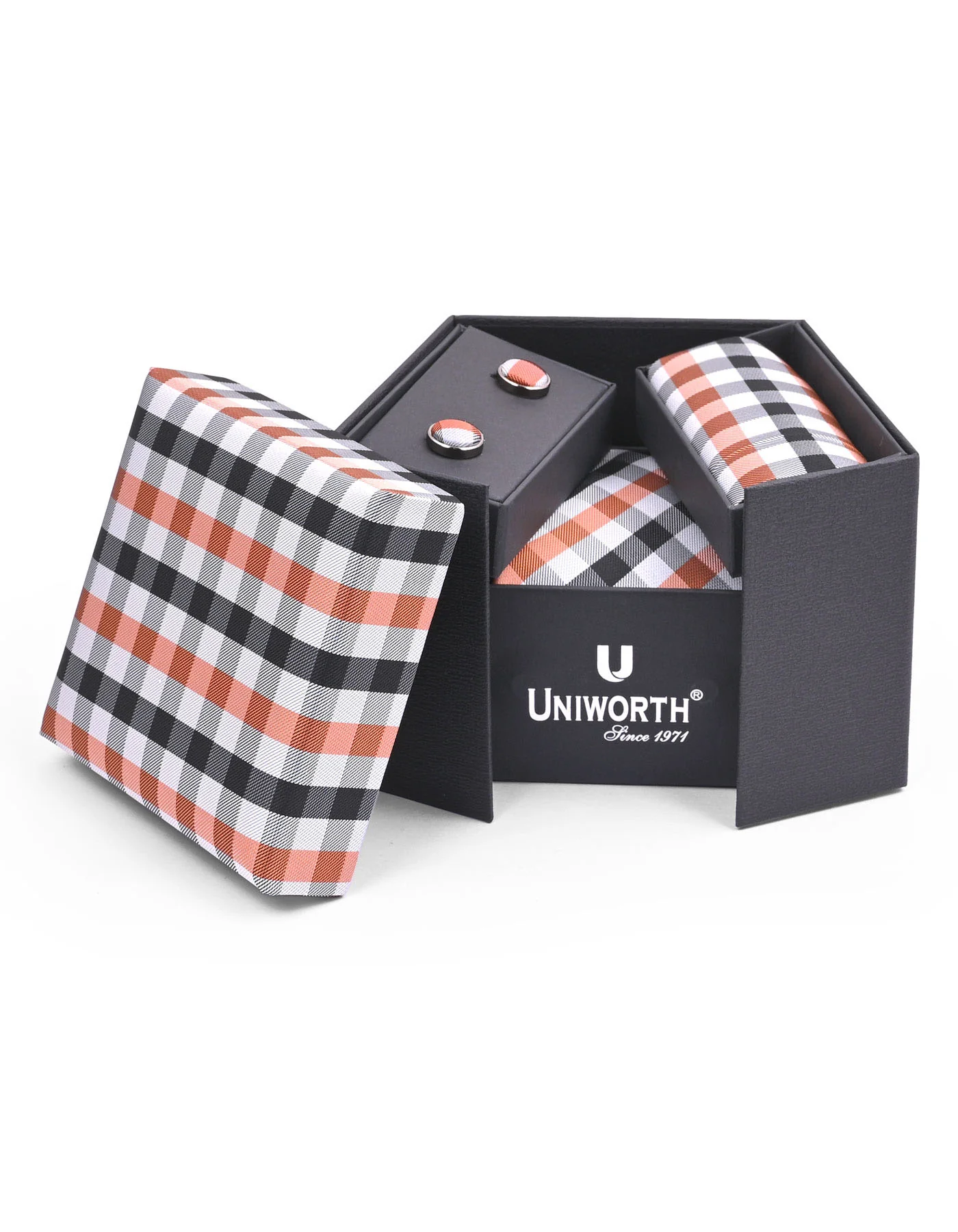 Orange Check Cufflink Tie Set - Image 2