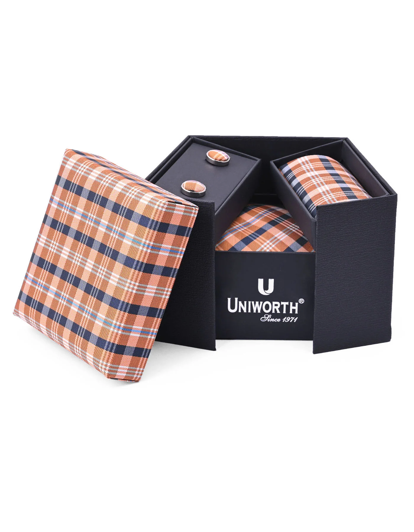 Orange Check Cufflink Tie Set - Image 2
