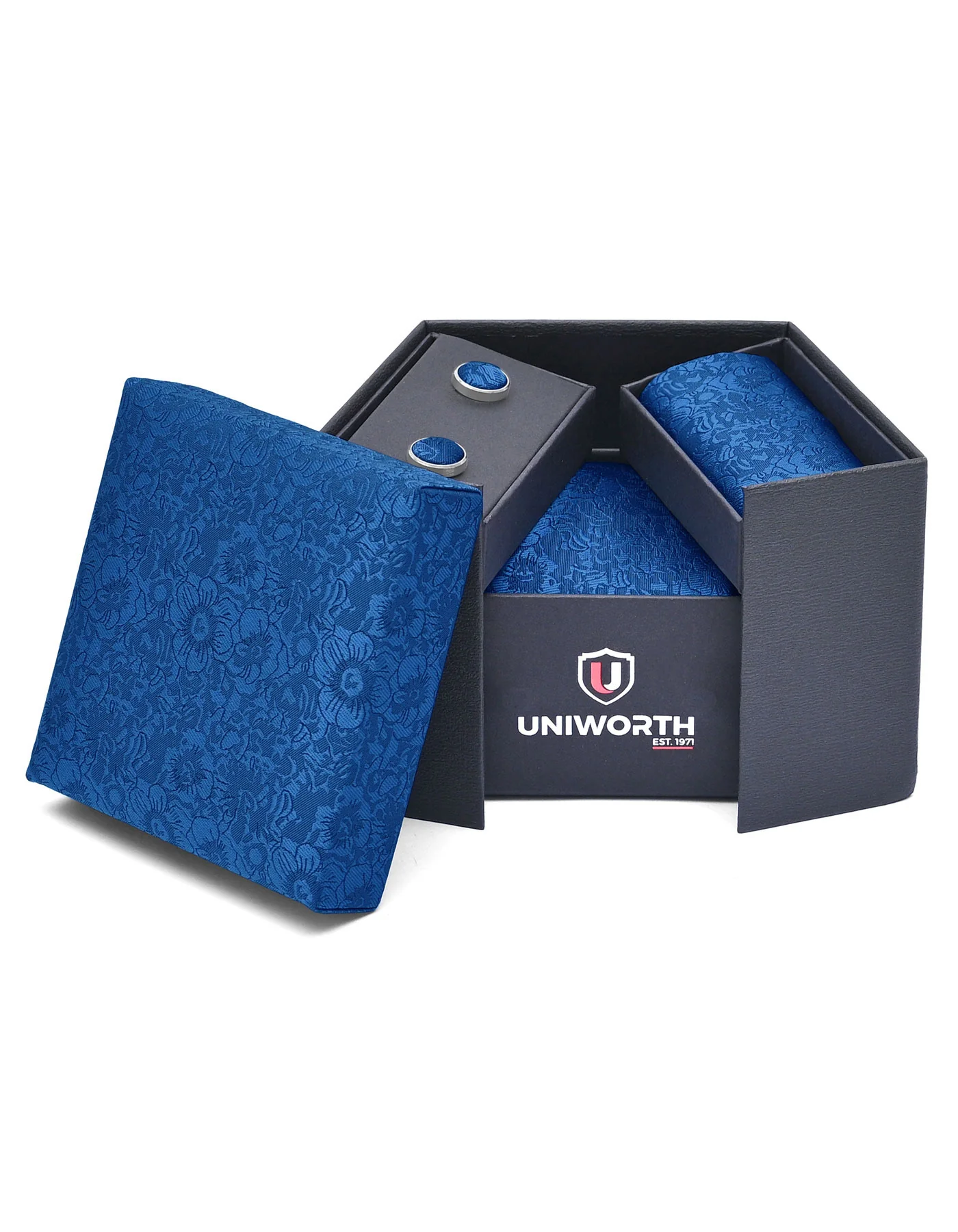 Royal Blue Floral Cufflink Tie Set - Image 2