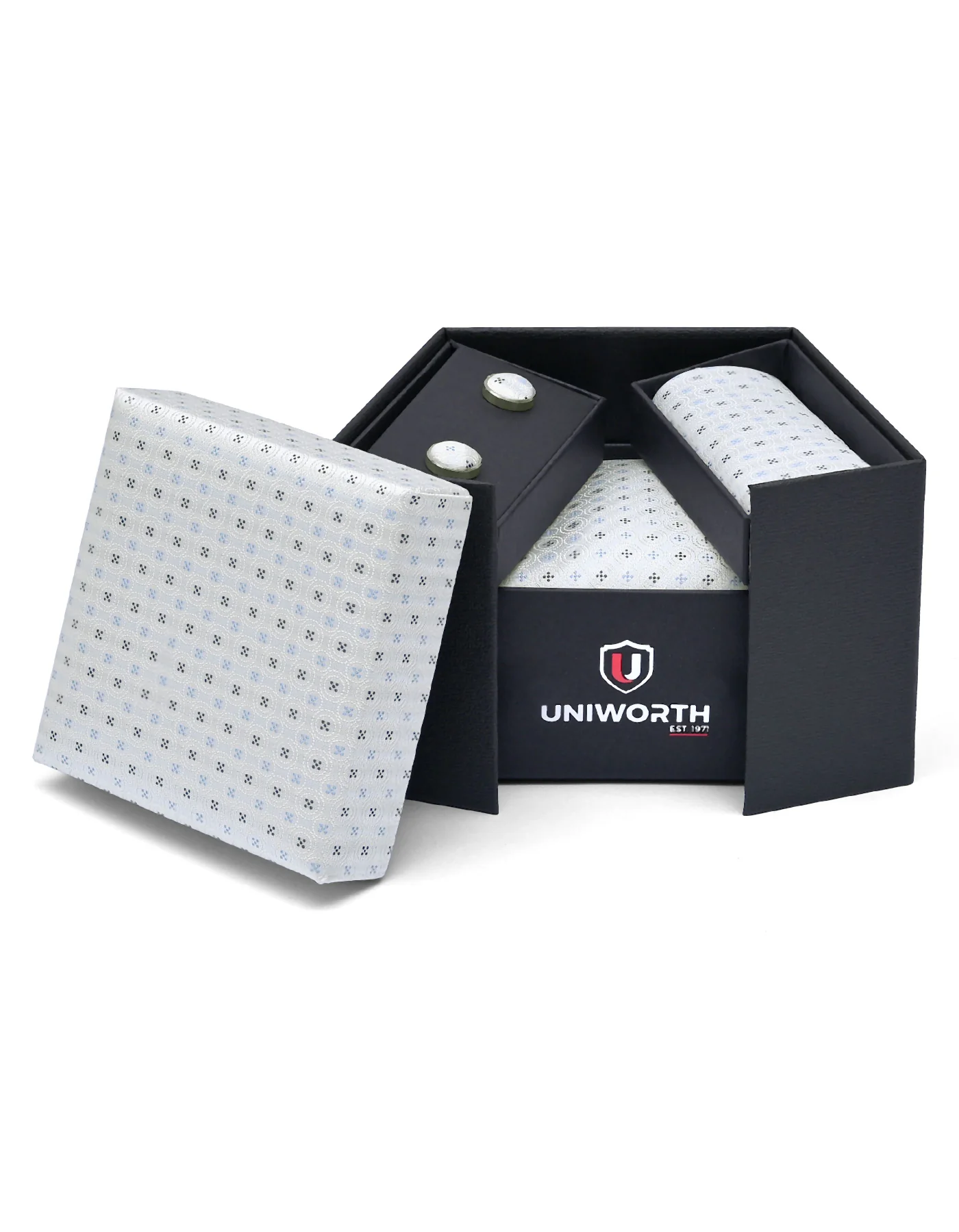 Silver Geometric Cufflink Tie Set - Image 2