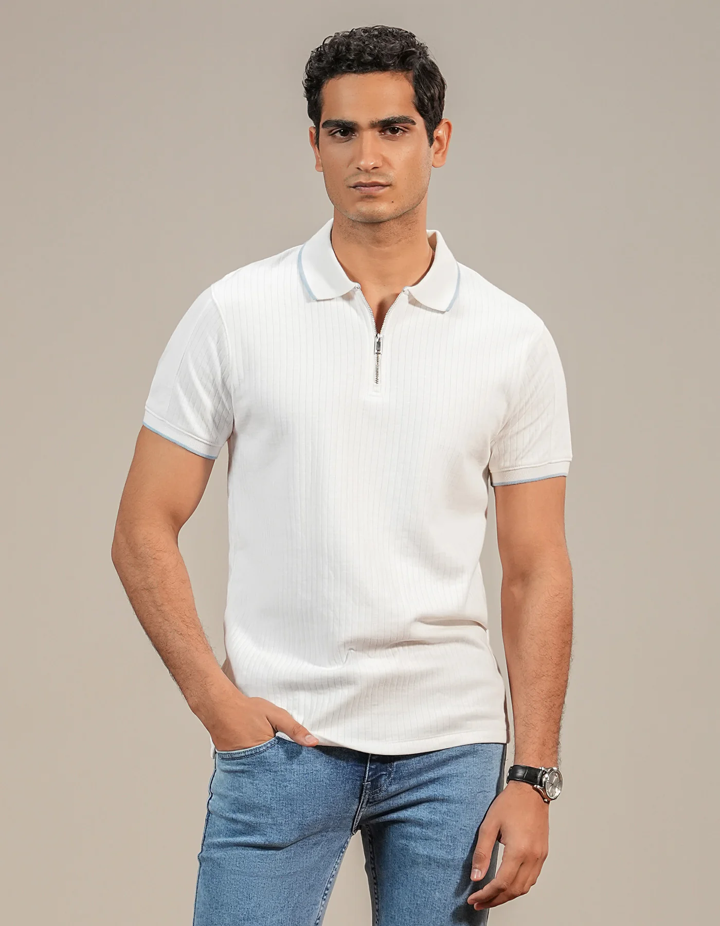White Texture Jersey Polo Shirt