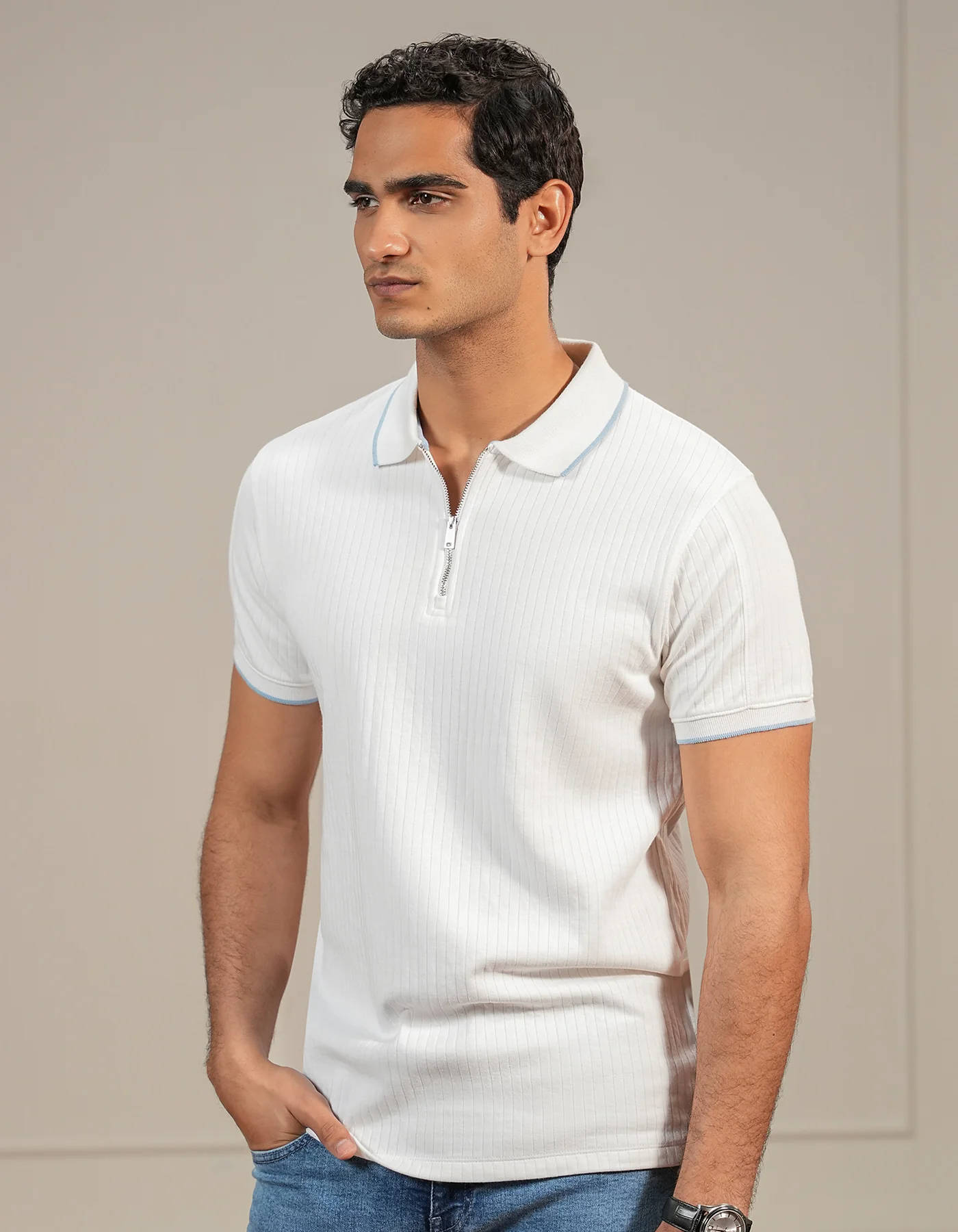 White Texture Jersey Polo Shirt - Image 2